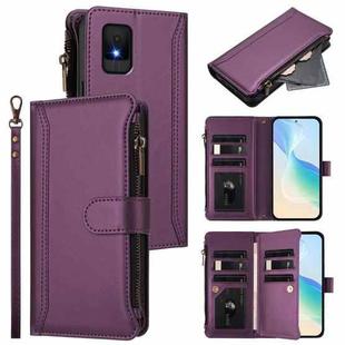For TCL 502 Magnetic Closure 9 Card Slots Zipper Leather Case with Hand Strap(Purple)