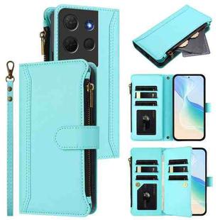 For TCL 503 Magnetic Closure 9 Card Slots Zipper Leather Case with Hand Strap(Mint Green)