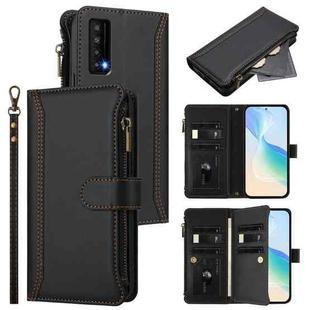 For TCL Stylus 5G Magnetic Closure 9 Card Slots Zipper Leather Case with Hand Strap(Black)