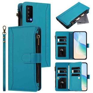For TCL Stylus 5G Magnetic Closure 9 Card Slots Zipper Leather Case with Hand Strap(Turquoise)