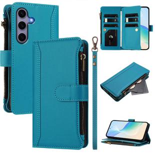 For Samsung Galaxy S25 / S24 5G Magnetic Closure 9 Card Slots Zipper Leather Case with Hand Strap(Turquoise)