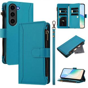 For Samsung Galaxy S23 5G Magnetic Closure Nine Card Slots Zipper Leather Case with Hand Strap(Turquoise)