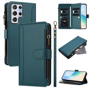 For Samsung Galaxy S22 Ultra 5G Magnetic Closure 9 Card Slots Zipper Leather Case with Hand Strap(Dark Green)