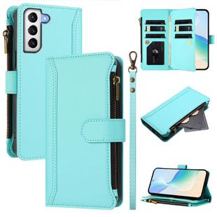 For Samsung Galaxy S21+ 5G Magnetic Closure 9 Card Slots Zipper Leather Case with Hand Strap(Mint Green)