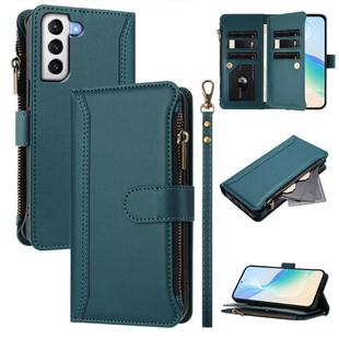 For Samsung Galaxy S21 5G Magnetic Closure Nine Card Slots Zipper Leather Case with Hand Strap(Dark Green)