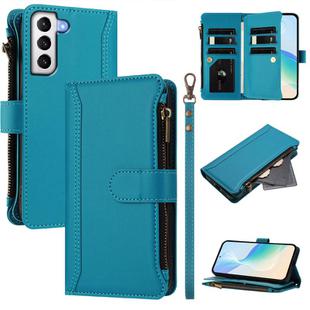 For Samsung Galaxy S21 5G Magnetic Closure Nine Card Slots Zipper Leather Case with Hand Strap(Turquoise)