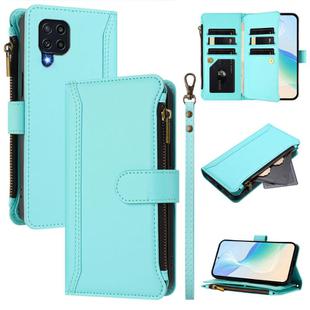For Samsung Galaxy M32 4G / M22 Magnetic Closure 9 Card Slots Zipper Leather Case with Hand Strap(Mint Green)