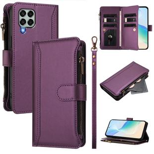 For Samsung Galaxy M33 5G Magnetic Closure 9 Card Slots Zipper Leather Case with Hand Strap(Purple)