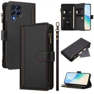 For Samsung Galaxy M53 5G Magnetic Closure 9 Card Slots Zipper Leather Case with Hand Strap(Black)