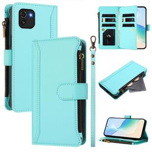 For Samsung Galaxy A03 164mm Magnetic Closure 9 Card Slots Zipper Leather Case with Hand Strap(Mint Green)