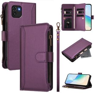 For Samsung Galaxy A03 164mm Magnetic Closure 9 Card Slots Zipper Leather Case with Hand Strap(Purple)