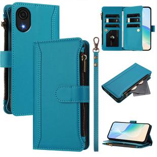 For Samsung Galaxy A04 Core / A03 Core Magnetic Closure 9 Card Slots Zipper Leather Case with Hand Strap(Turquoise)