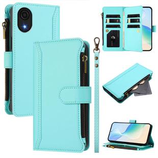 For Samsung Galaxy A04 Core / A03 Core Magnetic Closure 9 Card Slots Zipper Leather Case with Hand Strap(Mint Green)