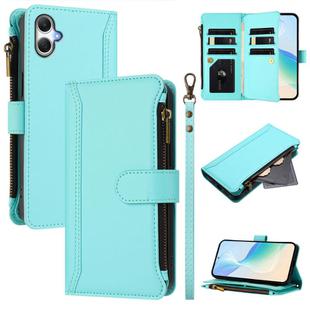 For Samsung Galaxy A05 / M05 / F05 4G Magnetic Closure 9 Card Slots Zipper Leather Case with Hand Strap(Mint Green)