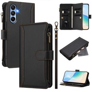 For Samsung Galaxy A15 5G / 4G Magnetic Closure 9 Card Slots Zipper Leather Case with Hand Strap(Black)