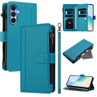For Samsung Galaxy A15 5G / 4G Magnetic Closure 9 Card Slots Zipper Leather Case with Hand Strap(Turquoise)