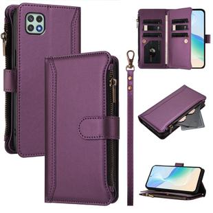 For Samsung Galaxy A22 5G / A22s / F42 Magnetic Closure 9 Card Slots Zipper Leather Case with Hand Strap(Purple)