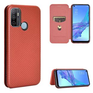 For OPPO A53 / A32 (2020) Carbon Fiber Texture Horizontal Flip TPU + PC + PU Leather Case with Card Slot & Lanyard(Brown)