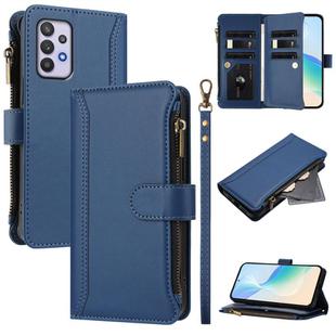 For Samsung Galaxy A32 5G / M32 5G Magnetic Closure 9 Card Slots Zipper Leather Case with Hand Strap(Dark Blue)