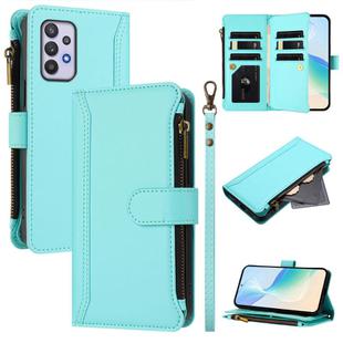 For Samsung Galaxy A32 5G / M32 5G Magnetic Closure 9 Card Slots Zipper Leather Case with Hand Strap(Mint Green)