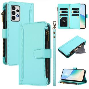 For Samsung Galaxy A52 5G / 4G / A52s Magnetic Closure 9 Card Slots Zipper Leather Case with Hand Strap(Mint Green)