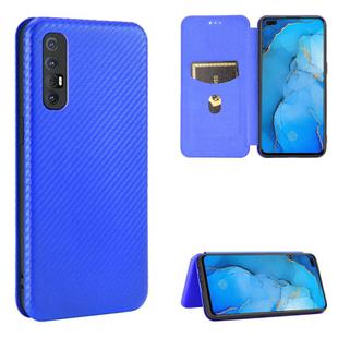 For OPPO Reno3 Pro Overseas Version (India / Southeast Asia) Carbon Fiber Texture Horizontal Flip TPU + PC + PU Leather Case with Card Slot & Lanyard(Blue)