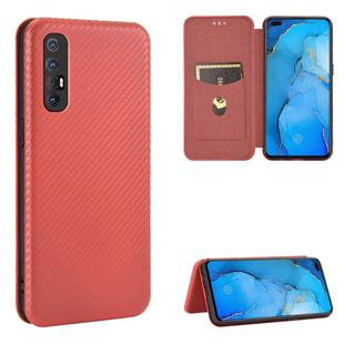 For OPPO Reno3 Pro Overseas Version (India / Southeast Asia) Carbon Fiber Texture Horizontal Flip TPU + PC + PU Leather Case with Card Slot & Lanyard(Brown)