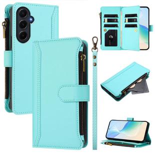 For Samsung Galaxy A55 5G Magnetic Closure 9 Card Slots Zipper Leather Case with Hand Strap(Mint Green)