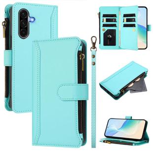 For Samsung Galaxy A56 5G Magnetic Closure 9 Card Slots Zipper Leather Case with Hand Strap(Mint Green)