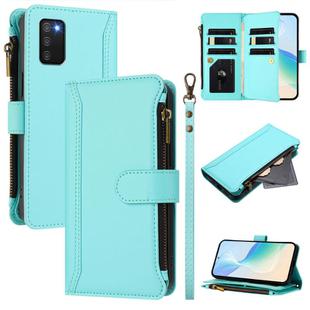 For Samsung Galaxy A03s 164mm Magnetic Closure 9 Card Slots Zipper Leather Case with Hand Strap(Mint Green)