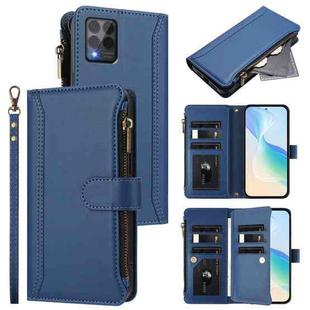 For T-Mobile REVVL 6 Pro 5G Magnetic Closure 9 Card Slots Zipper Leather Case with Hand Strap(Dark Blue)