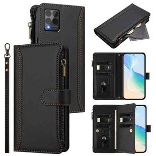 For T-Mobile REVVL 6 Pro 5G Magnetic Closure 9 Card Slots Zipper Leather Case with Hand Strap(Black)