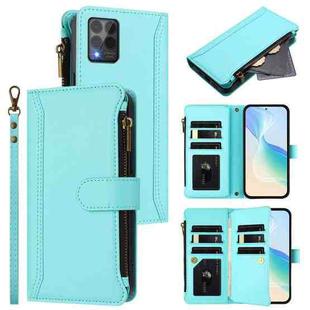For T-Mobile REVVL 6 Pro 5G Magnetic Closure 9 Card Slots Zipper Leather Case with Hand Strap(Mint Green)