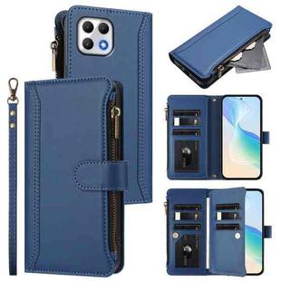 For T-Mobile REVVL 7 5G Magnetic Closure 9 Card Slots Zipper Leather Case with Hand Strap(Dark Blue)