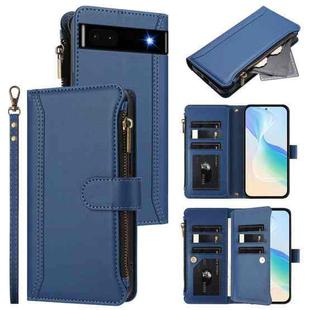 For Google Pixel 6a Magnetic Closure 9 Card Slots Zipper Leather Case with Hand Strap(Dark Blue)
