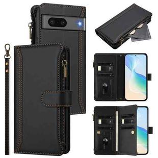 For Google Pixel 7 5G Magnetic Closure 9 Card Slots Zipper Leather Case with Hand Strap(Black)