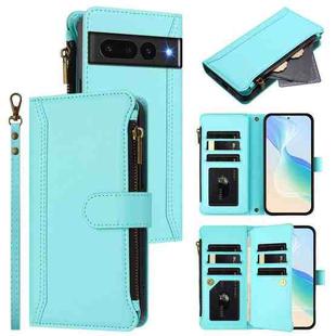 For Google Pixel 7 Pro 5G Magnetic Closure 9 Card Slots Zipper Leather Case with Hand Strap(Mint Green)