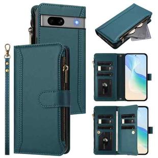 For Google Pixel 7a Magnetic Closure 9 Card Slots Zipper Leather Case with Hand Strap(Dark Green)