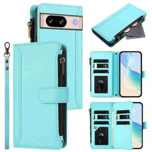 For Google Pixel 8 Magnetic Closure 9 Card Slots Zipper Leather Case with Hand Strap(Mint Green)