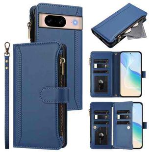 For Google Pixel 8a Magnetic Closure 9 Card Slots Zipper Leather Case with Hand Strap(Dark Blue)