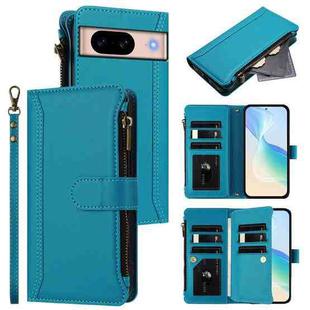 For Google Pixel 8a Magnetic Closure 9 Card Slots Zipper Leather Case with Hand Strap(Turquoise)