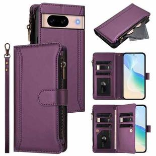 For Google Pixel 8a Magnetic Closure 9 Card Slots Zipper Leather Case with Hand Strap(Purple)