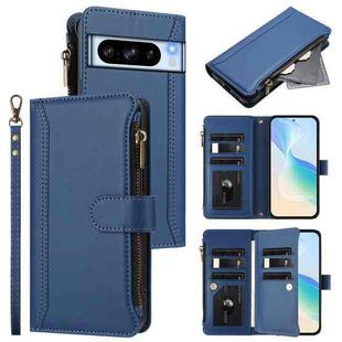 For Google Pixel 8 Pro Magnetic Closure 9 Card Slots Zipper Leather Case with Hand Strap(Dark Blue)