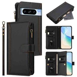 For Google Pixel 8 Pro Magnetic Closure 9 Card Slots Zipper Leather Case with Hand Strap(Black)