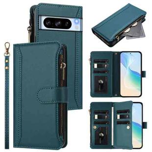 For Google Pixel 8 Pro Magnetic Closure 9 Card Slots Zipper Leather Case with Hand Strap(Dark Green)
