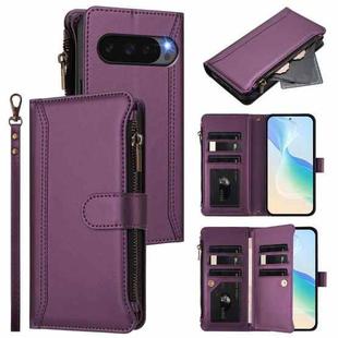 For Google Pixel 10 Pro XL 5G Magnetic Closure 9 Card Slots Zipper Leather Case with Hand Strap(Purple)