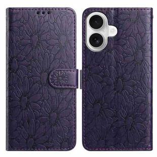 For iPhone 16 Plus Daisy Embossed Leather Phone Case(Dark Purple)