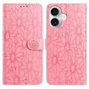 For iPhone 16 Daisy Embossed Leather Phone Case(Pink)