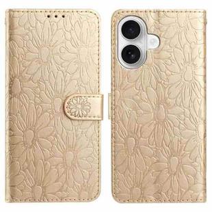 For iPhone 16 Daisy Embossed Leather Phone Case(Gold)