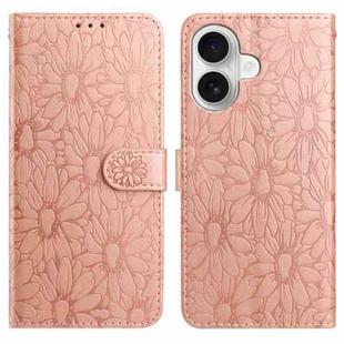 For iPhone 16 Daisy Embossed Leather Phone Case(Rose Gold)